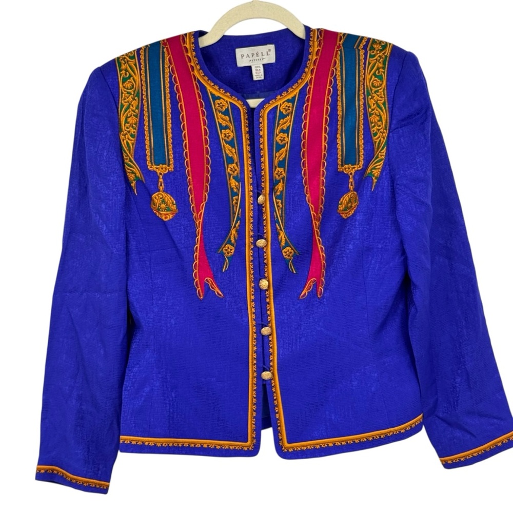 Papell Petites Women’s Size 10P 100% Silk purple blue Print Jacket